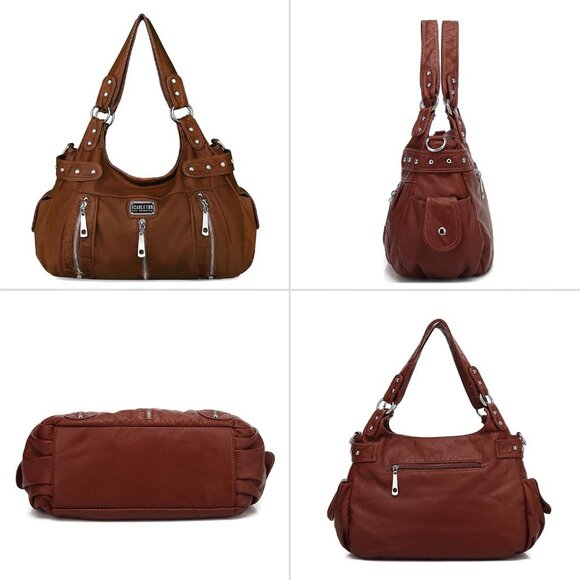 Women’s Large Vegan Leather Hobo Bag with Multiple Pockets and Shoulder Strap - Picture 6 of 6